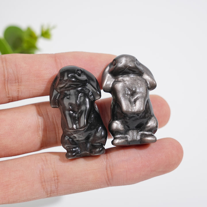 Natural Crystal Carving Silver Obsidian Lop Eared Rabbit