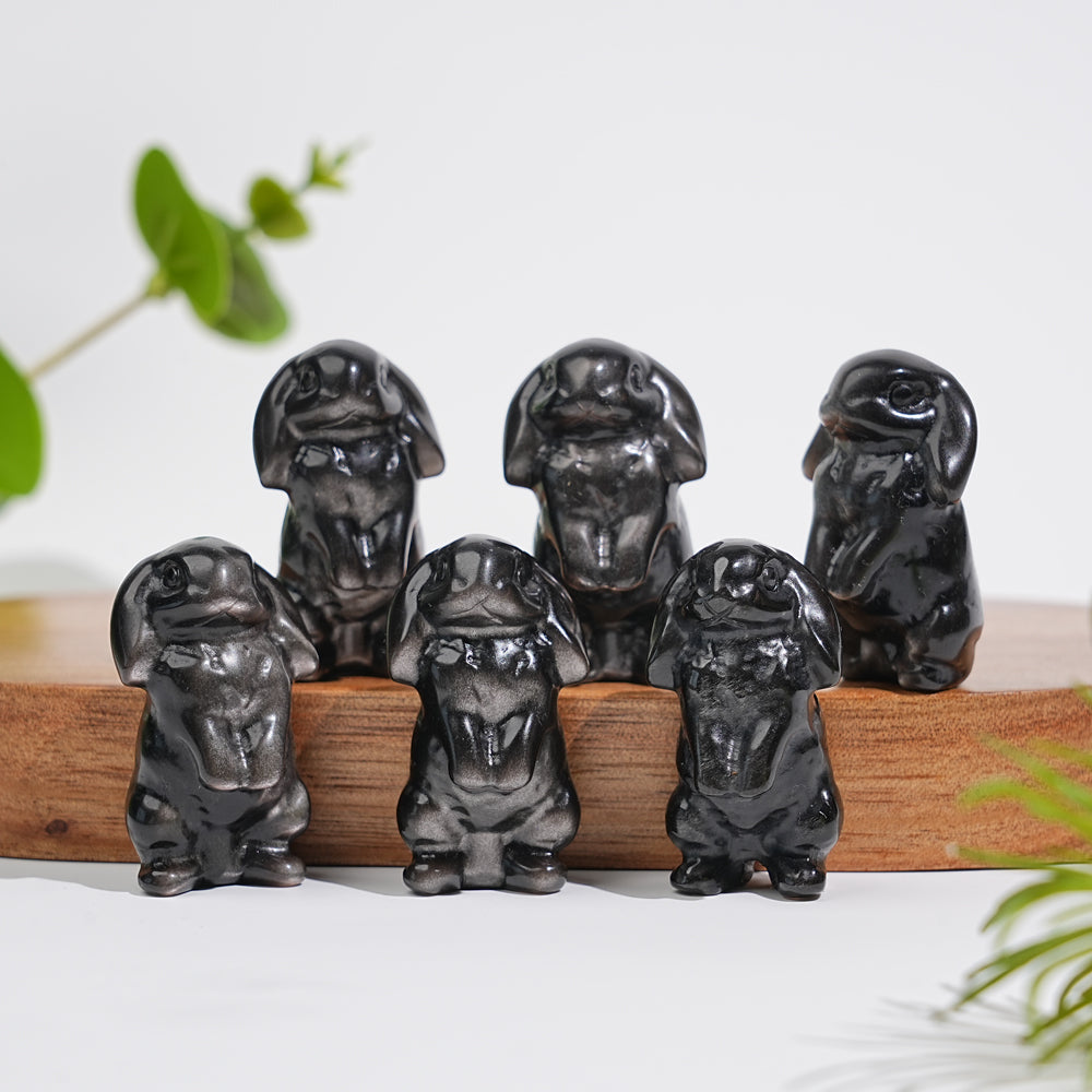 Natural Crystal Carving Silver Obsidian Lop Eared Rabbit