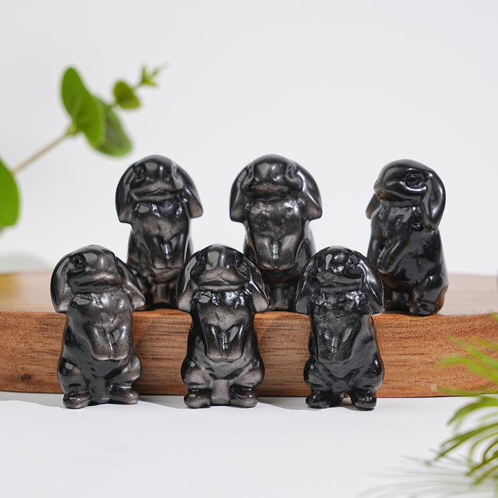 Natural Crystal Carving Silver Obsidian Lop Eared Rabbit