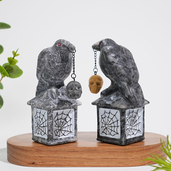 Natural Crystal Carving Crow With Skull