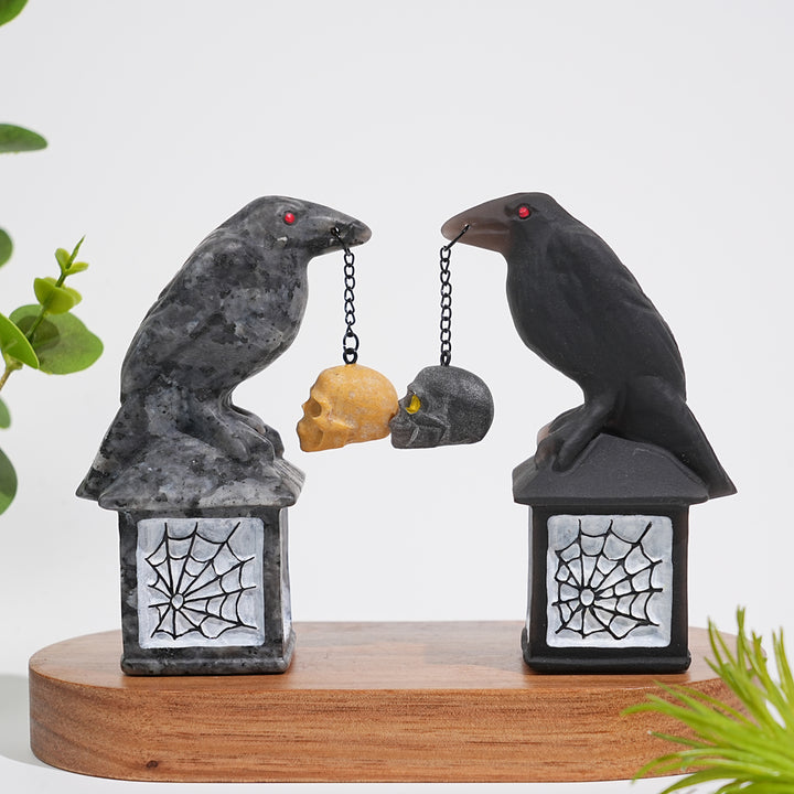 Natural Crystal Carving Crow With Skull