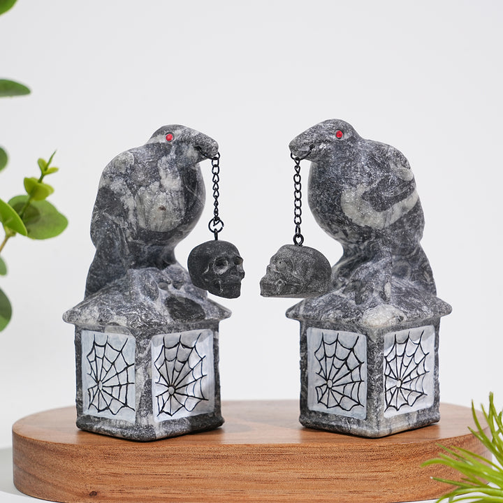 Natural Crystal Carving Crow With Skull