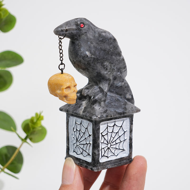 Natural Crystal Carving Crow With Skull