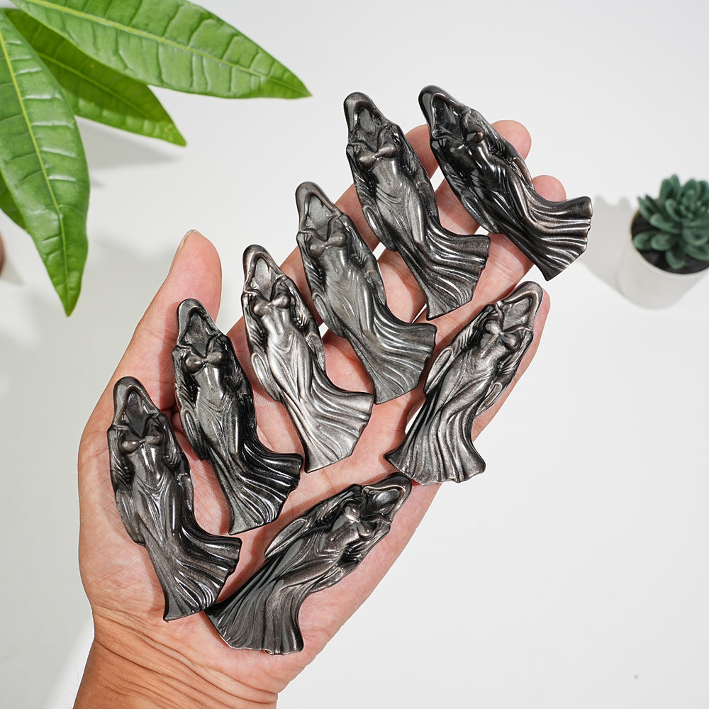 A Slightly Imperfect Natural Silver Obsidian Cloaked Lady Carving