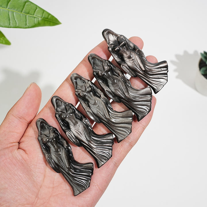 A Slightly Imperfect Natural Silver Obsidian Cloaked Lady Carving