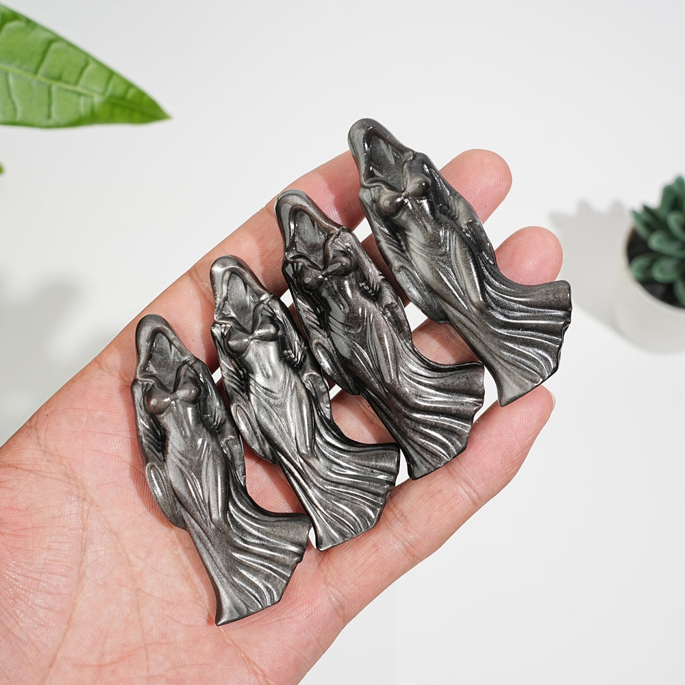 A Slightly Imperfect Natural Silver Obsidian Cloaked Lady Carving