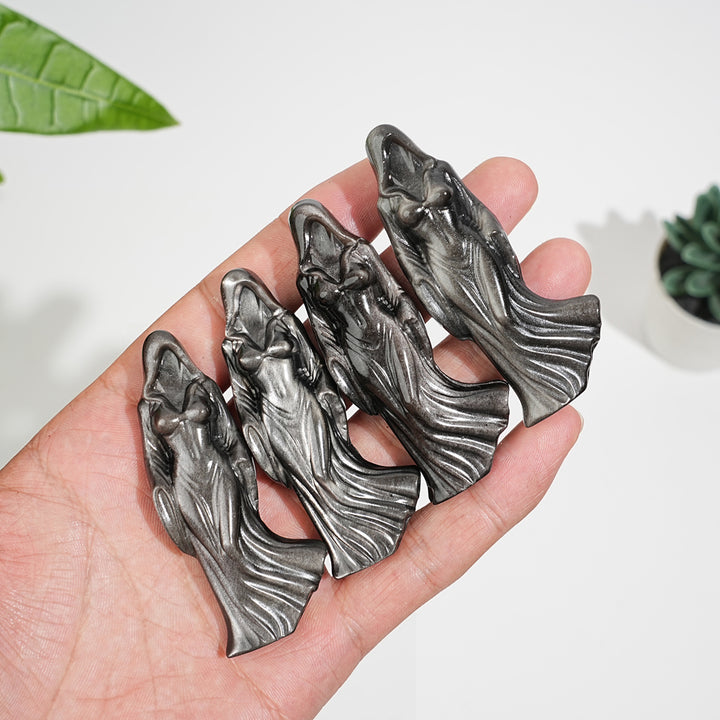 A Slightly Imperfect Natural Silver Obsidian Cloaked Lady Carving