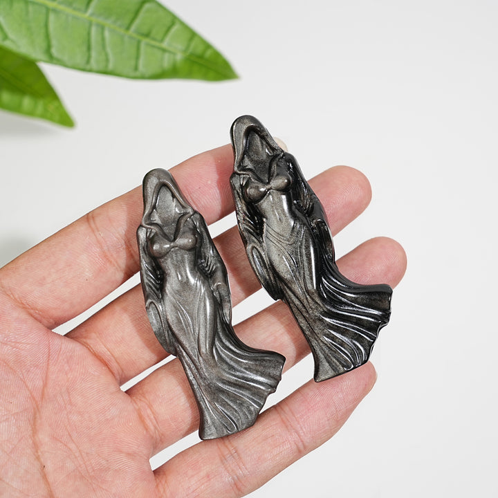 A Slightly Imperfect Natural Silver Obsidian Cloaked Lady Carving