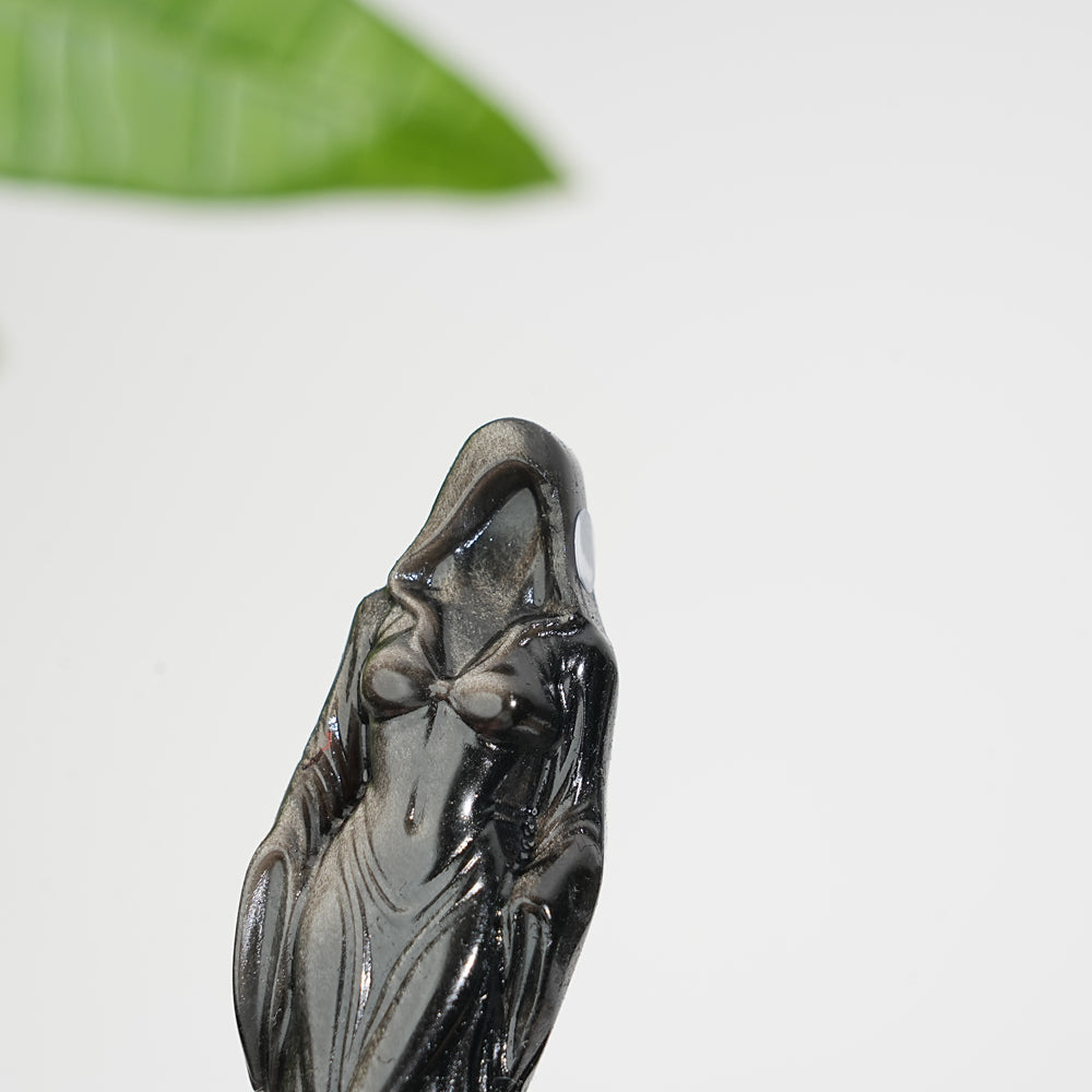 A Slightly Imperfect Natural Silver Obsidian Cloaked Lady Carving