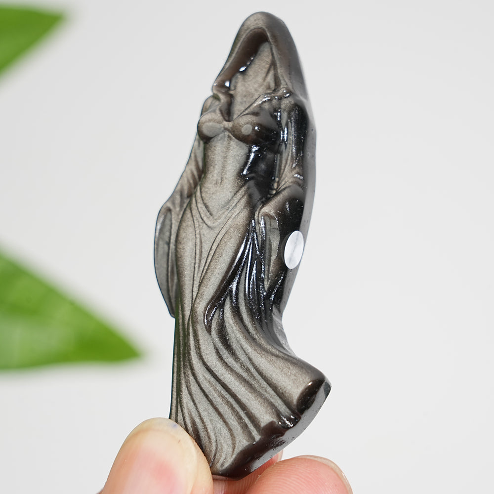 A Slightly Imperfect Natural Silver Obsidian Cloaked Lady Carving
