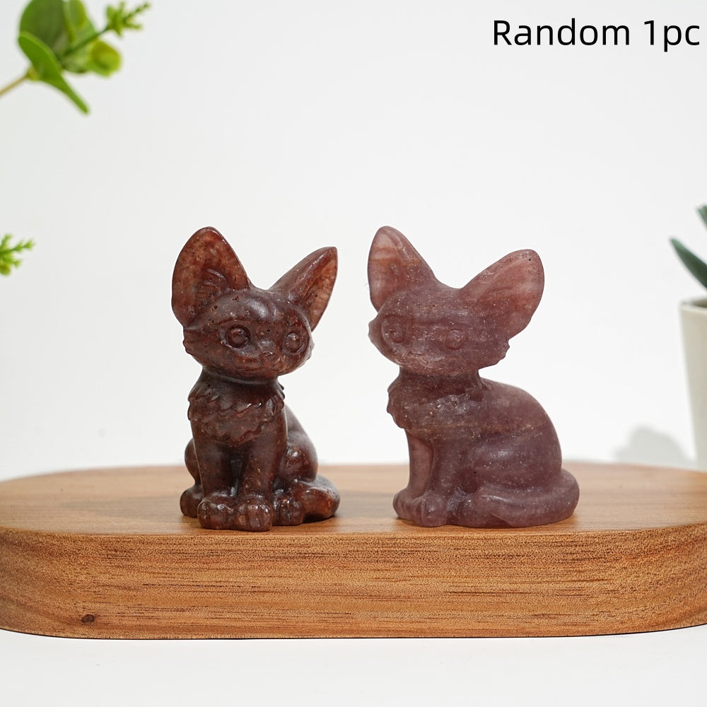 Natural Crystal Seated Big-Eared Cat Carving