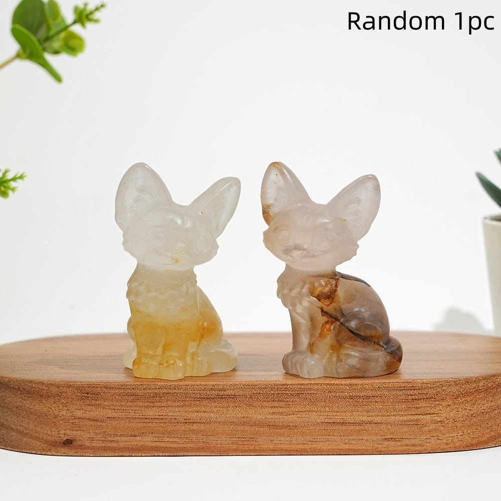 Natural Crystal Seated Big-Eared Cat Carving