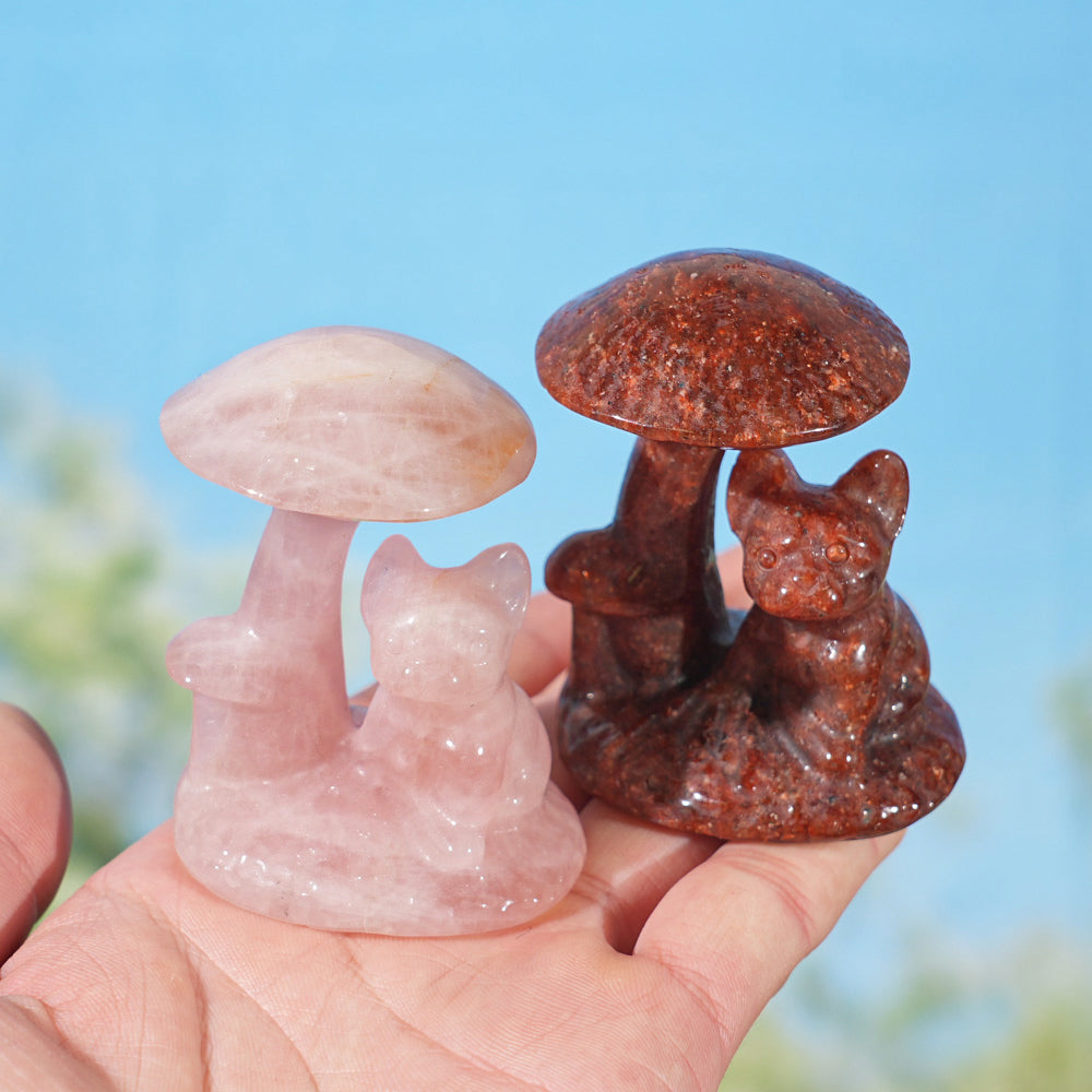 Natural Crystal Carving Mushroom with French Bulldog