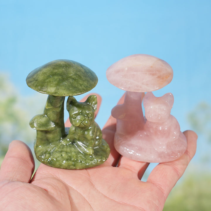 Natural Crystal Carving Mushroom with French Bulldog