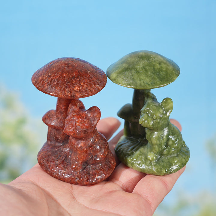 Natural Crystal Carving Mushroom with French Bulldog