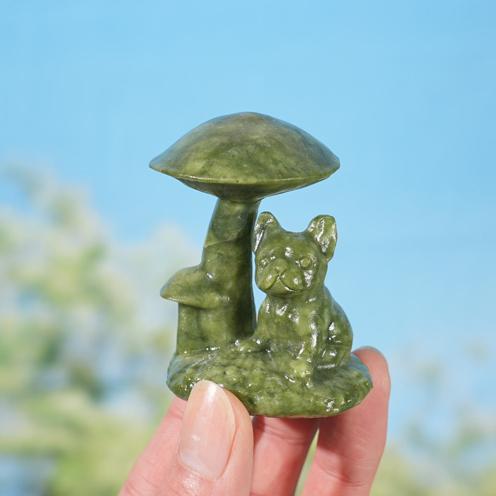 Natural Crystal Carving Mushroom with French Bulldog