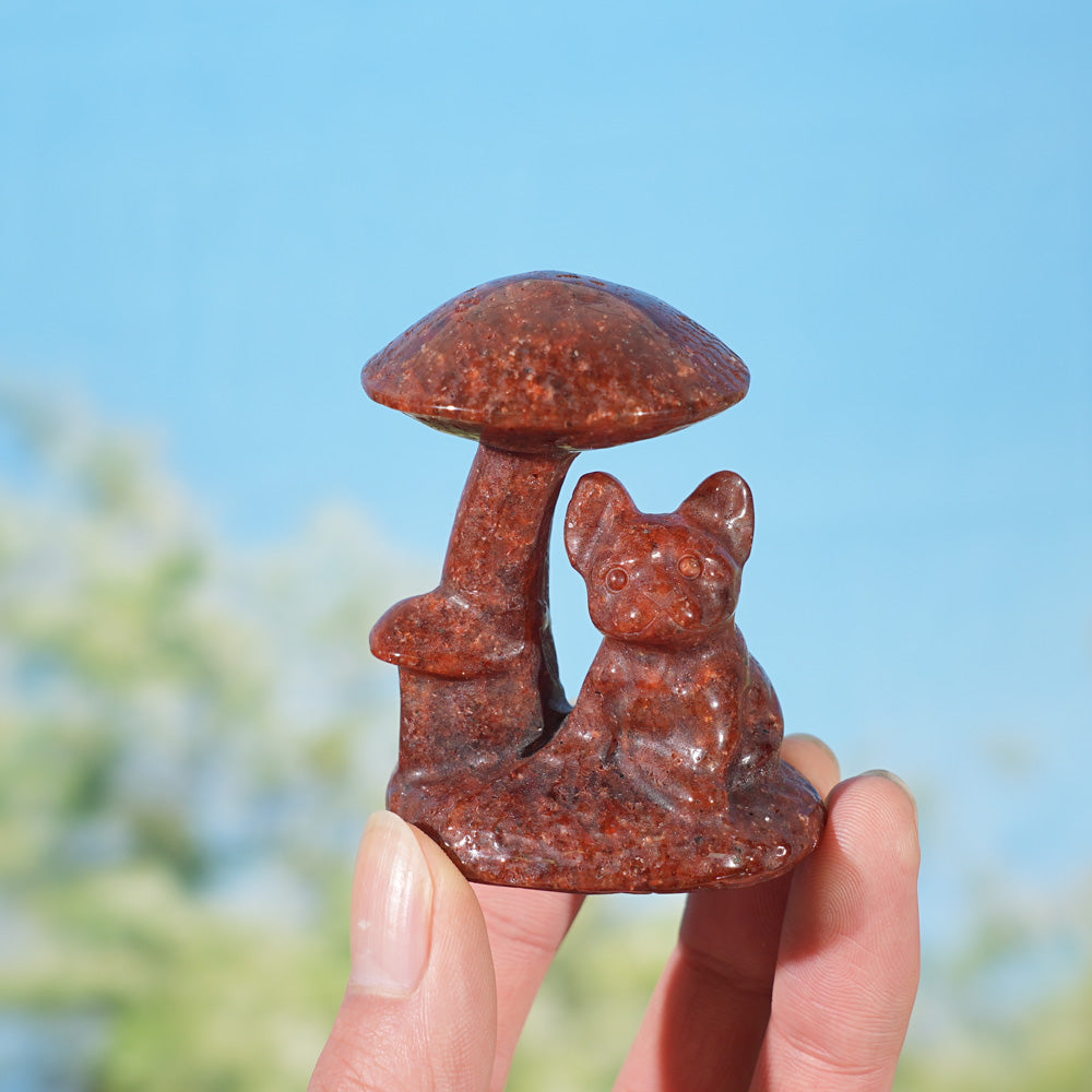Natural Crystal Carving Mushroom with French Bulldog