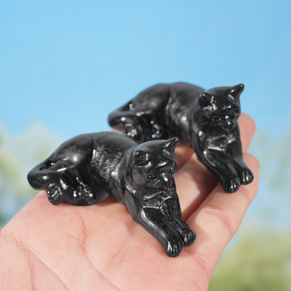 Natural Obsidian Lying Cat Figurine