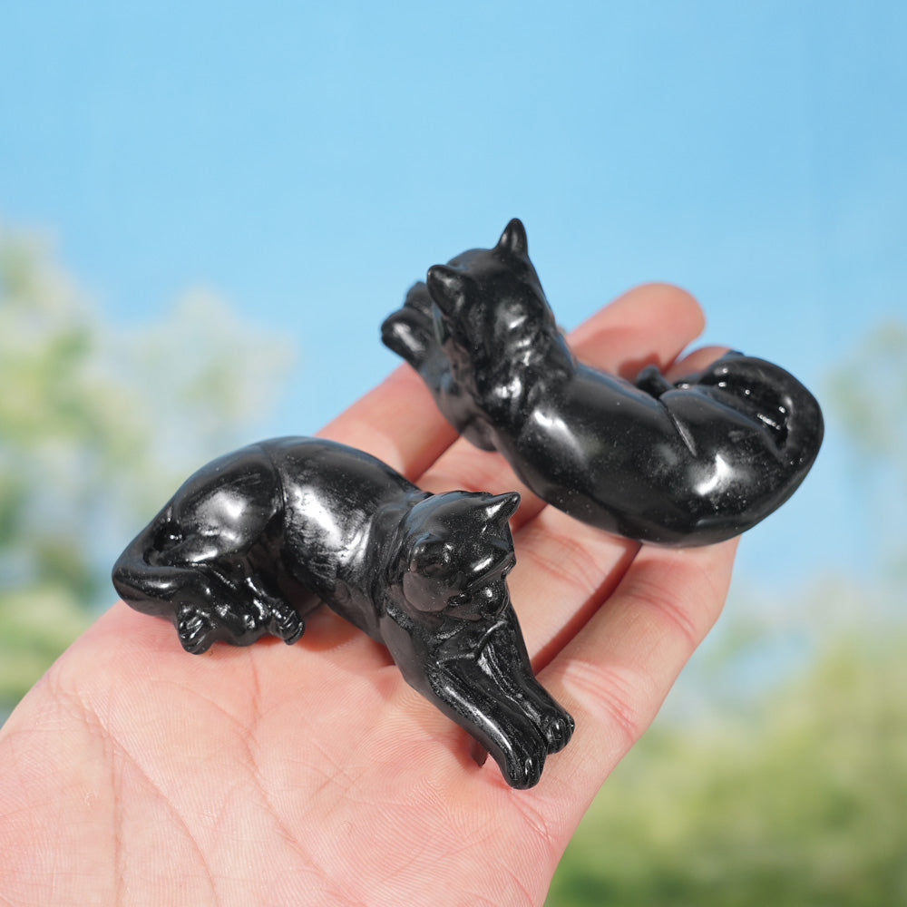 Natural Obsidian Lying Cat Figurine