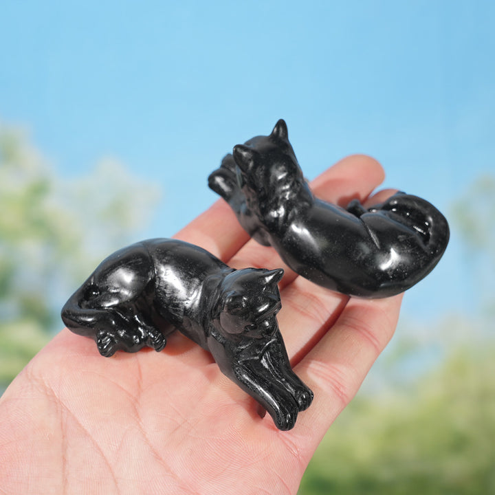 Natural Obsidian Lying Cat Figurine
