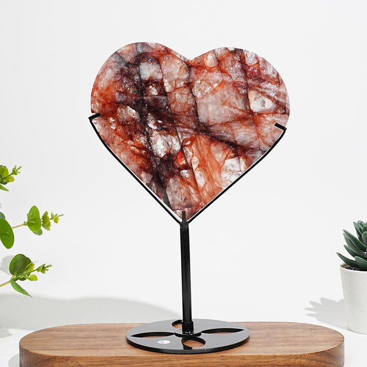 Unique,Natural Crystal Fire Quartz Heart With Stand
