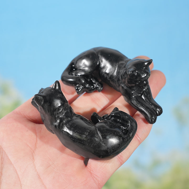 Natural Obsidian Lying Cat Figurine
