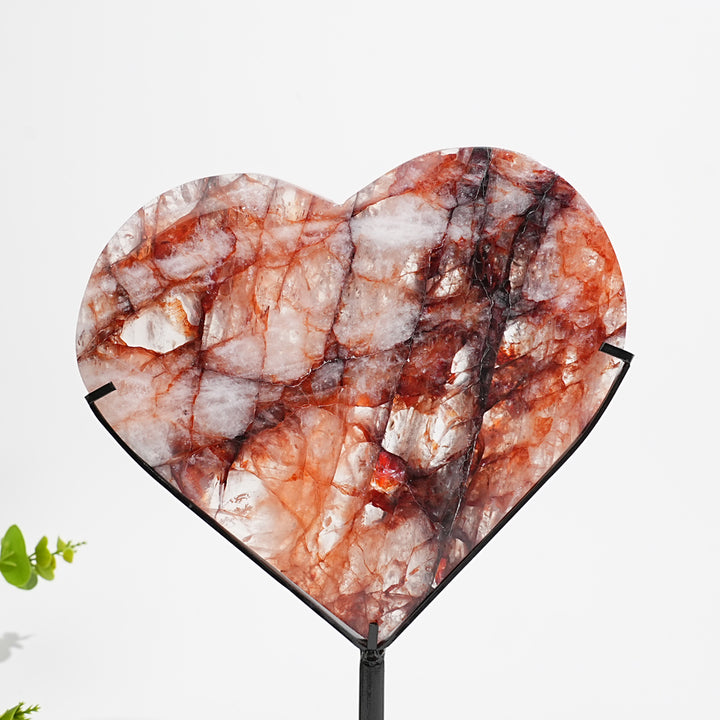 Unique,Natural Crystal Fire Quartz Heart With Stand