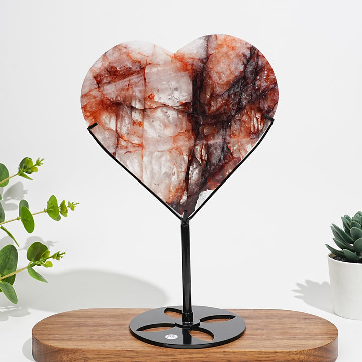 Unique,Natural Crystal Fire Quartz Heart With Stand