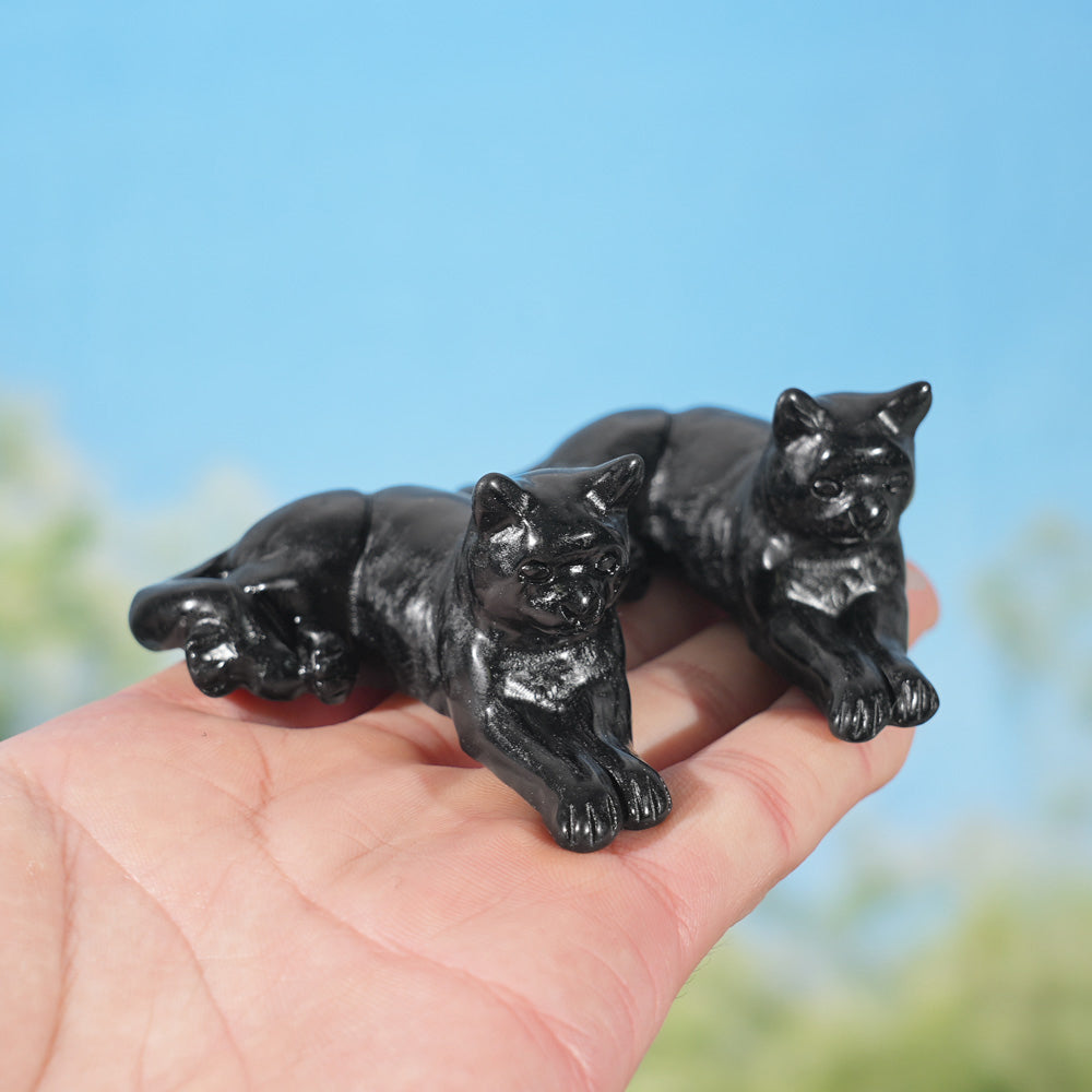 Natural Obsidian Lying Cat Figurine