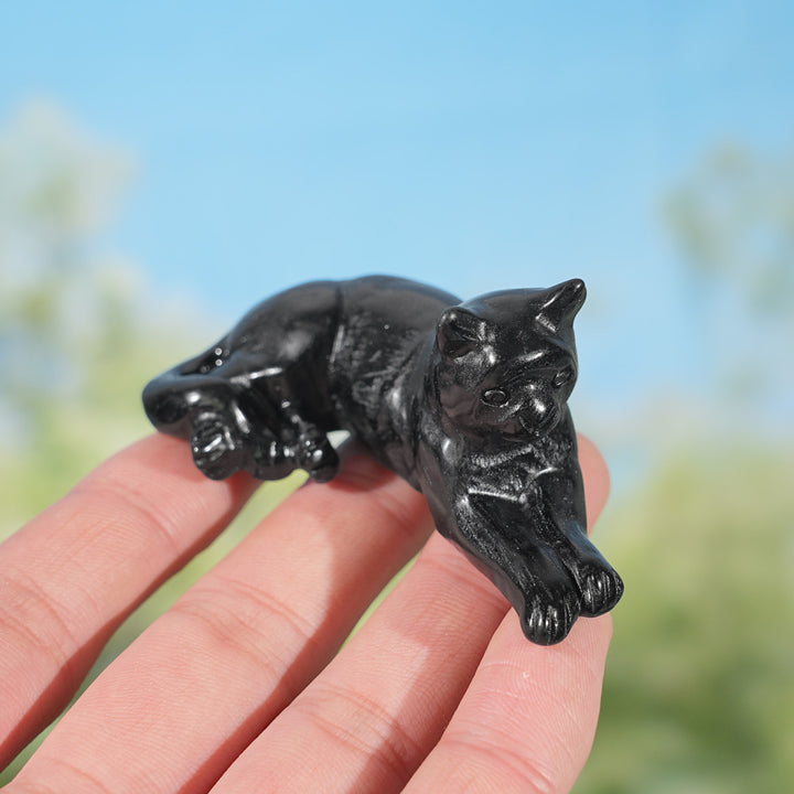 Natural Obsidian Lying Cat Figurine