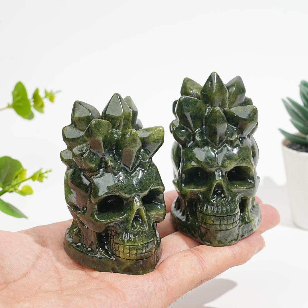 Natural Crystal Serpentine Crystal Cluster Skull Carving