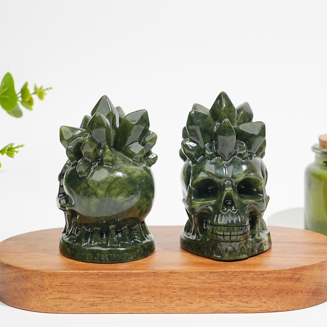 Natural Crystal Serpentine Crystal Cluster Skull Carving