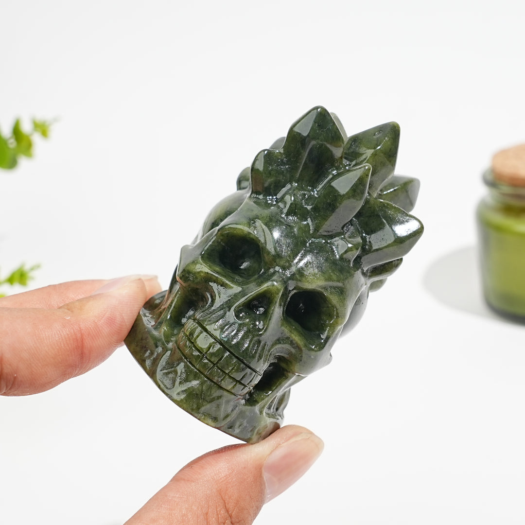 Natural Crystal Serpentine Crystal Cluster Skull Carving