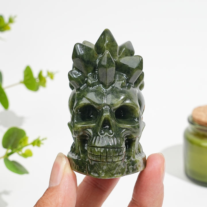 Natural Crystal Serpentine Crystal Cluster Skull Carving