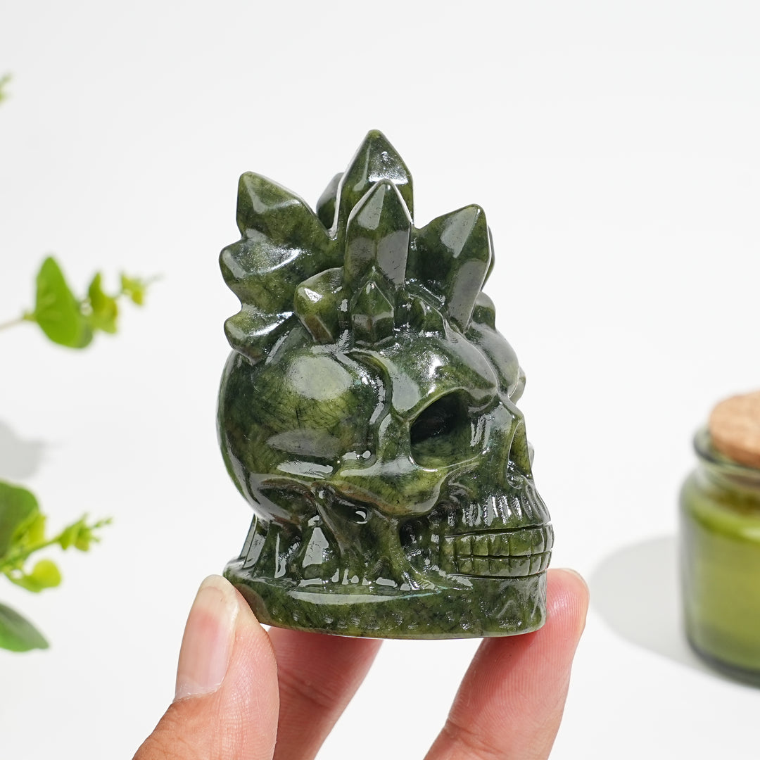 Natural Crystal Serpentine Crystal Cluster Skull Carving