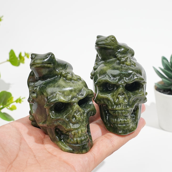 Natural Crystal Serpentine Frog With Skull Carving