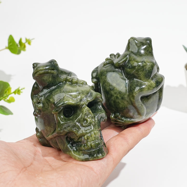 Natural Crystal Serpentine Frog With Skull Carving