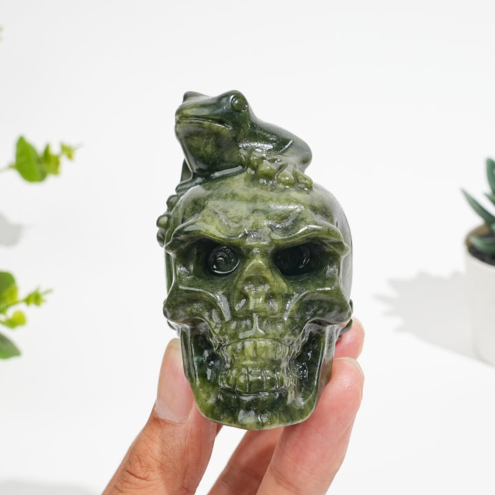 Natural Crystal Serpentine Frog With Skull Carving