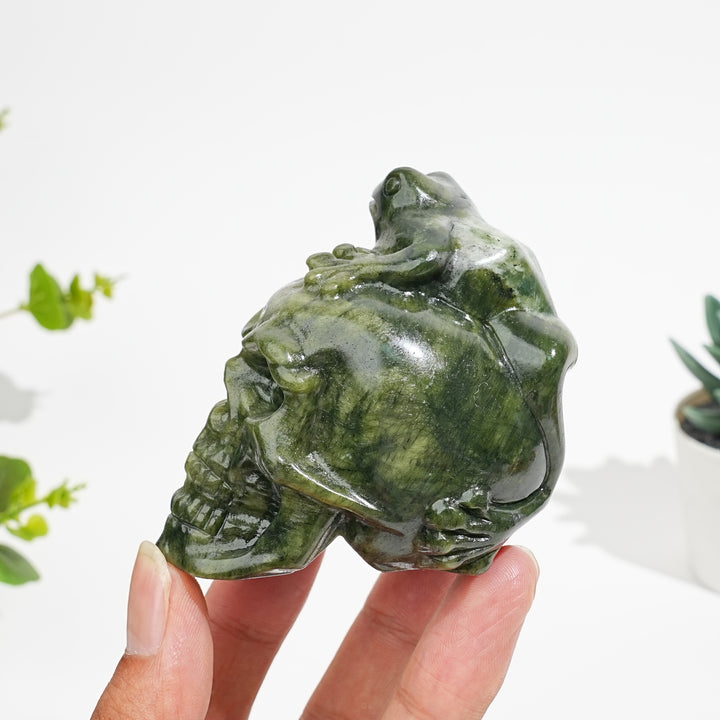 Natural Crystal Serpentine Frog With Skull Carving