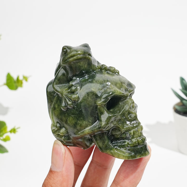 Natural Crystal Serpentine Frog With Skull Carving