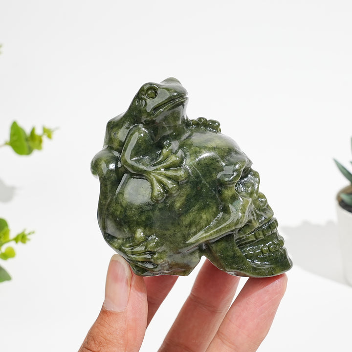 Natural Crystal Serpentine Frog With Skull Carving
