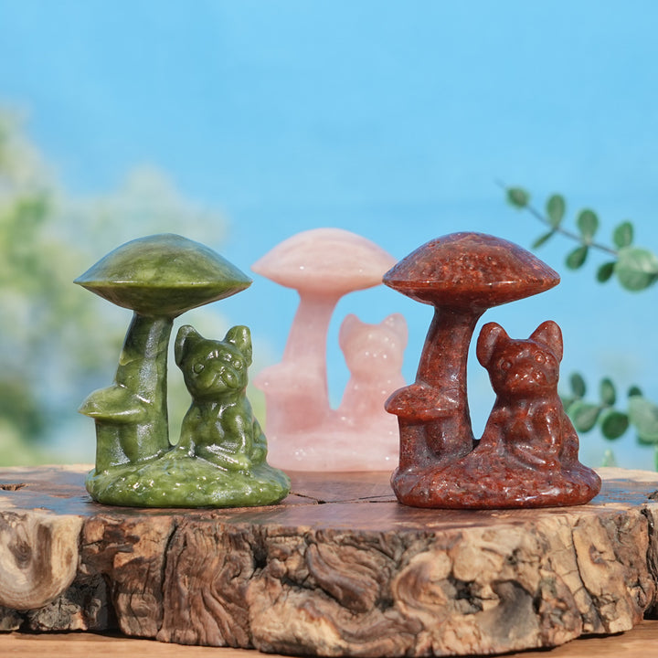 Natural Crystal Carving Mushroom with French Bulldog