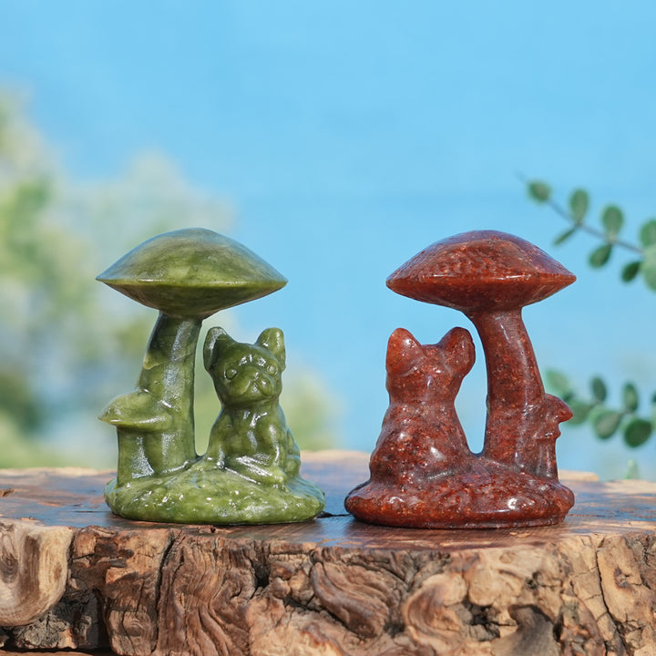 Natural Crystal Carving Mushroom with French Bulldog