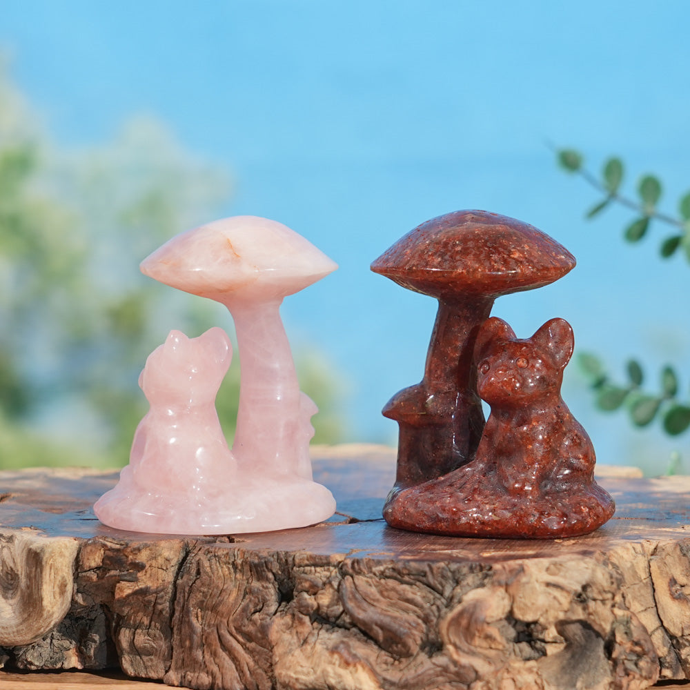 Natural Crystal Carving Mushroom with French Bulldog