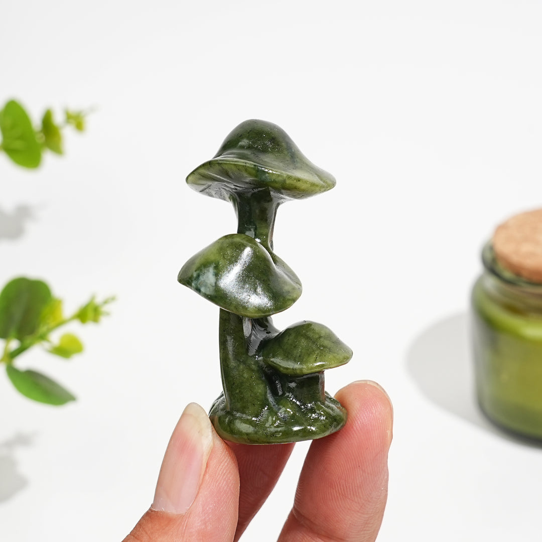 Natural Crystal Serpentine Triple Mushroom Carving