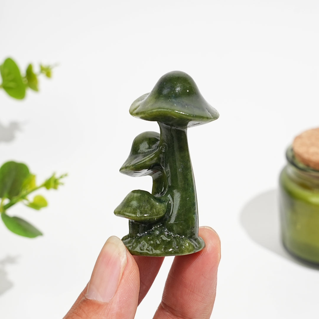 Natural Crystal Serpentine Triple Mushroom Carving