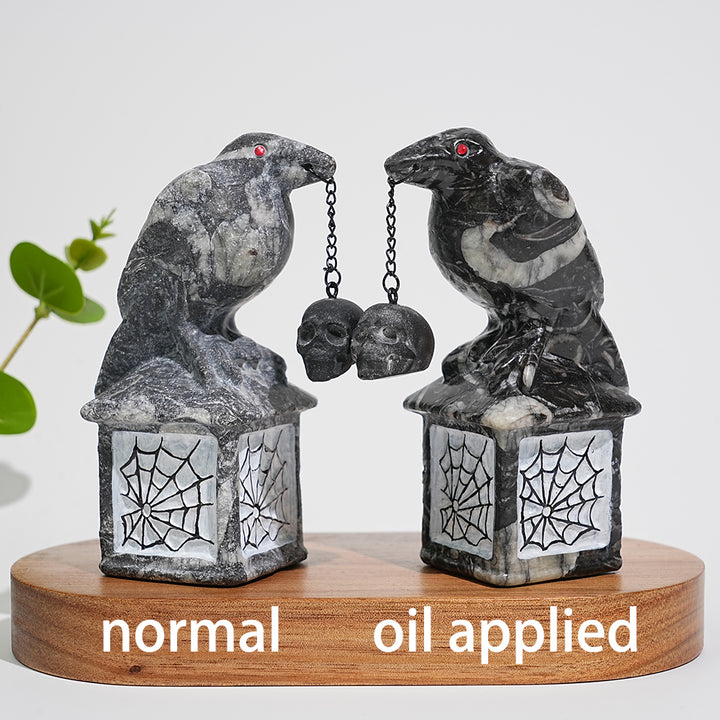 Natural Crystal Carving Crow With Skull