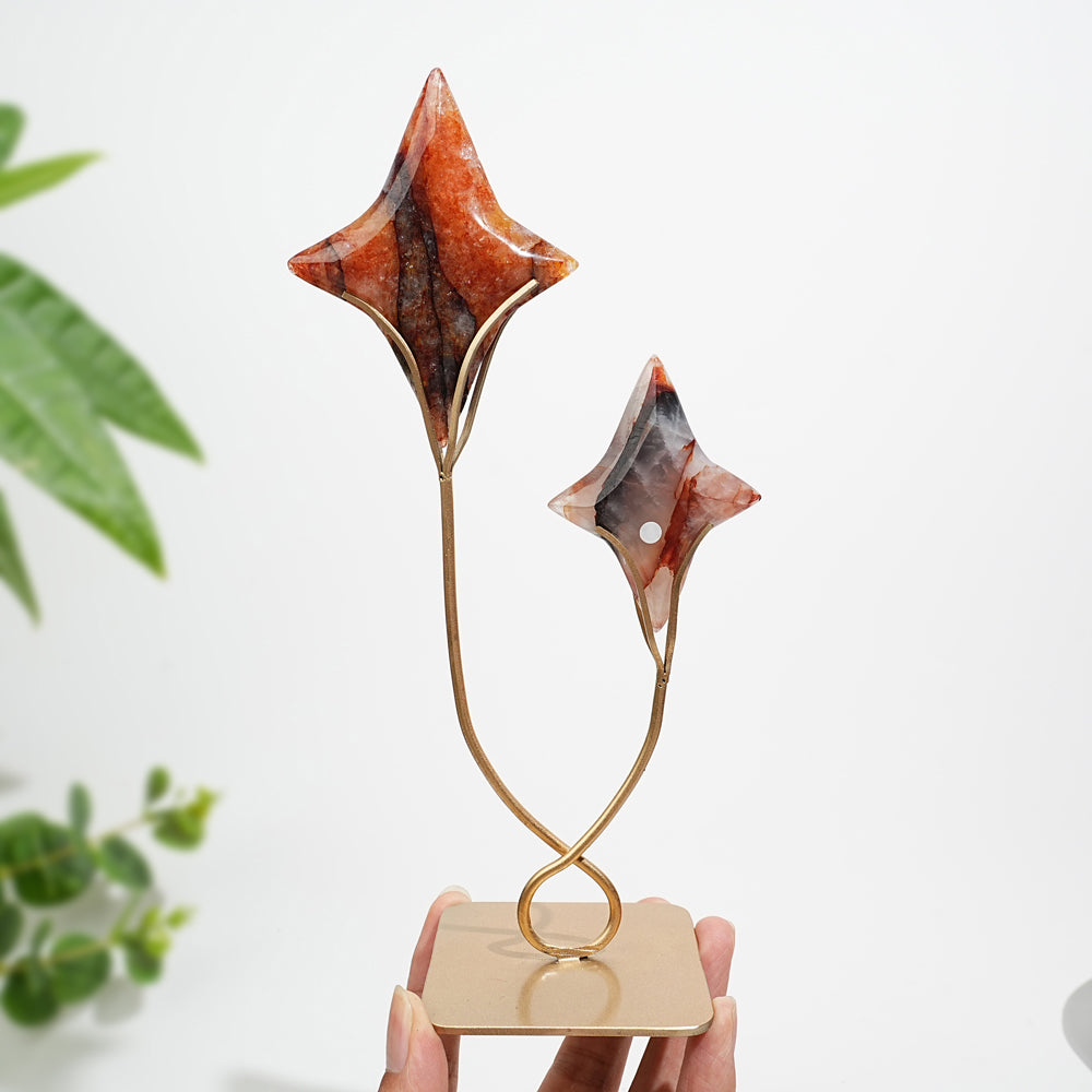 Unique,A Slightly Imperfect Natural Crystal Twin Star Carving With Stand