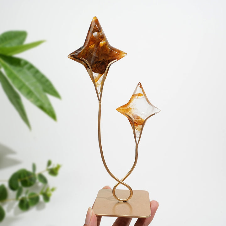 Unique,A Slightly Imperfect Natural Crystal Twin Star Carving With Stand
