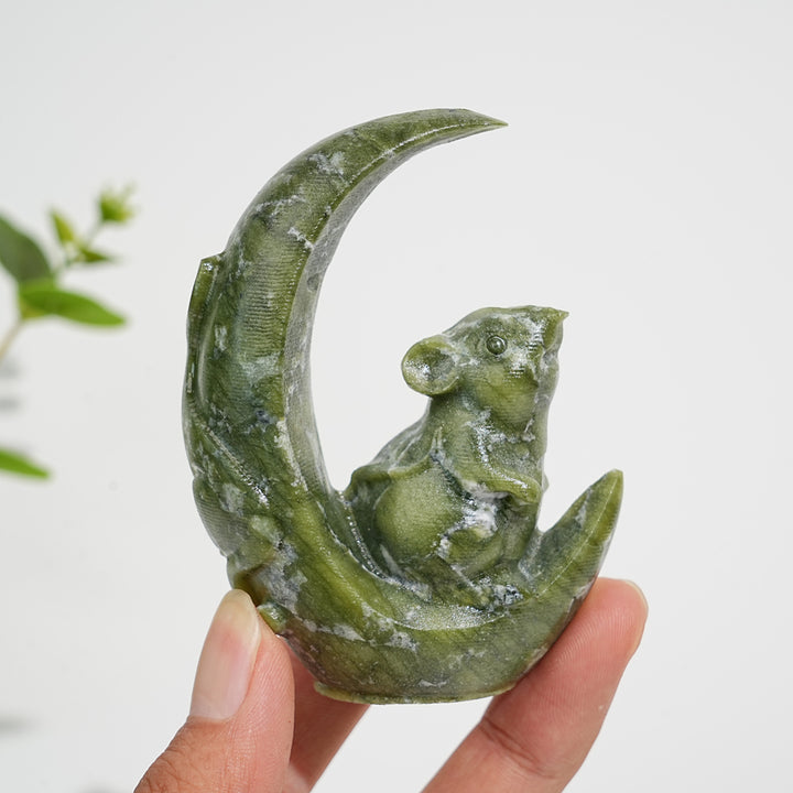 Natural Serpentine Crystal Carving Moon Rat